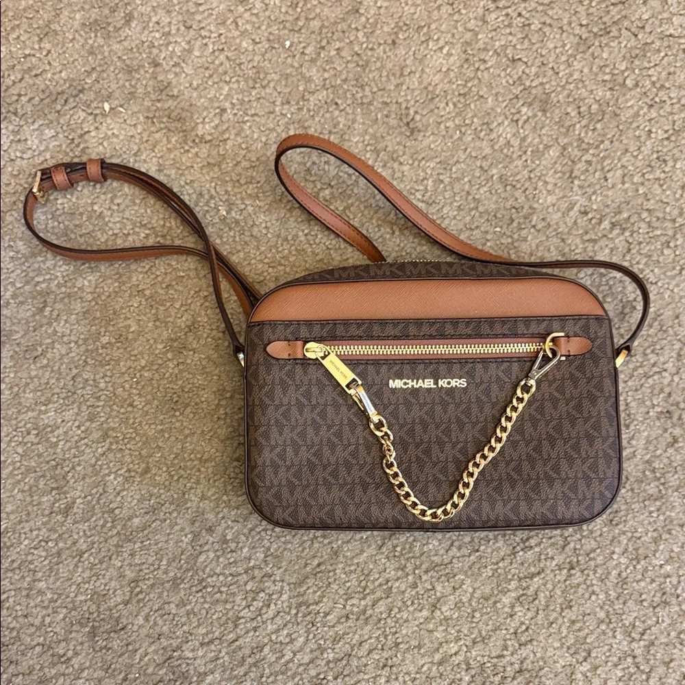 Michael Kors Brown & Tan Signature Crossbody with Gold Chain Detail